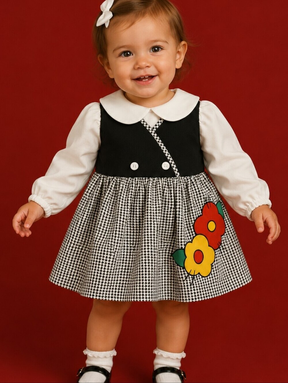 Vintage NANNETTE Monochrome Houndstooth Floral Applique Peter Pan Jumper Dress
